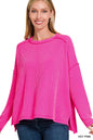 Zenana Exposed Seam Long Sleeve Corded Rib Knit Top in Pink