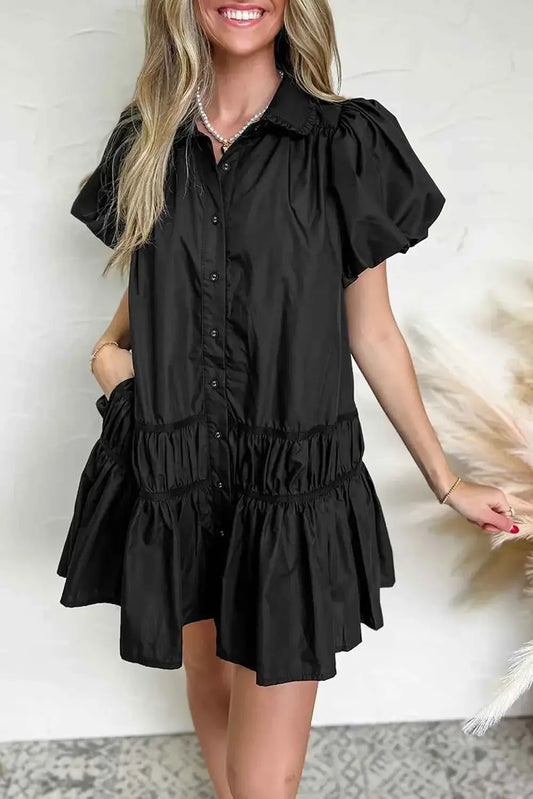 Button Down Puff Sleeve Dress with Ruffle Hem
