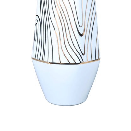 15" White and Gold Faux Bois Cylinder Ceramic Table Vase