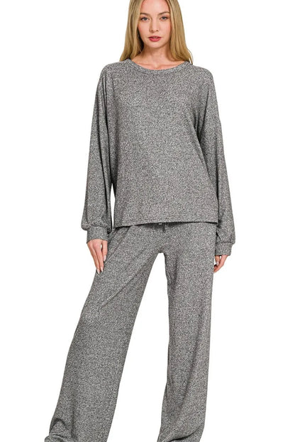 Zenana Soft Melange Hacci Long Slv Tee & Pants Set in Gray