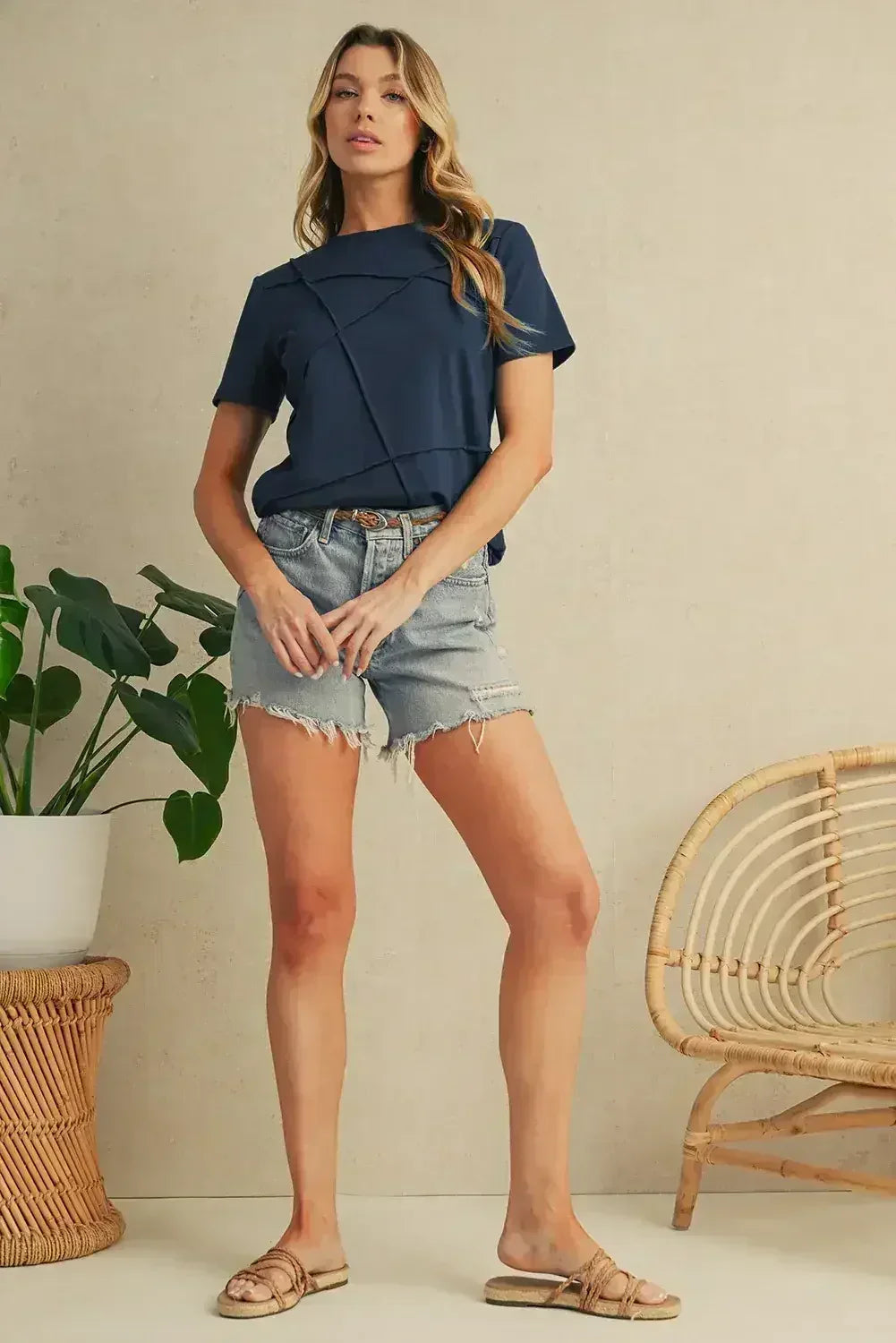 Dirty Blue Solid Color Round Neck T Shirt