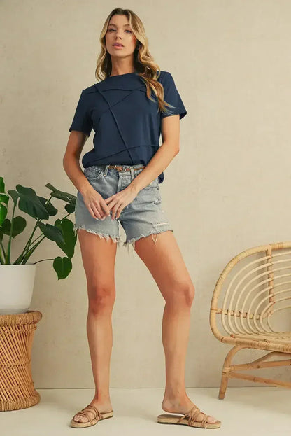 Dirty Blue Solid Color Round Neck T Shirt