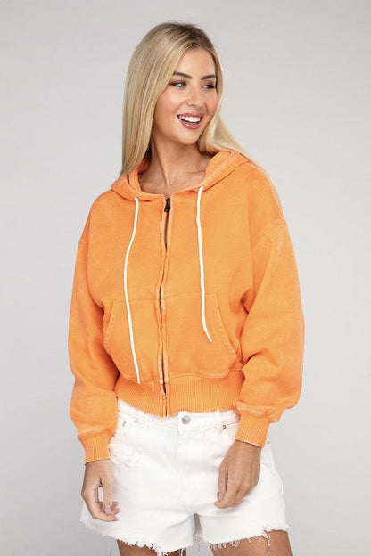 ZENANA Acid Wash Fleece Cropped Zip-Up Hoodie