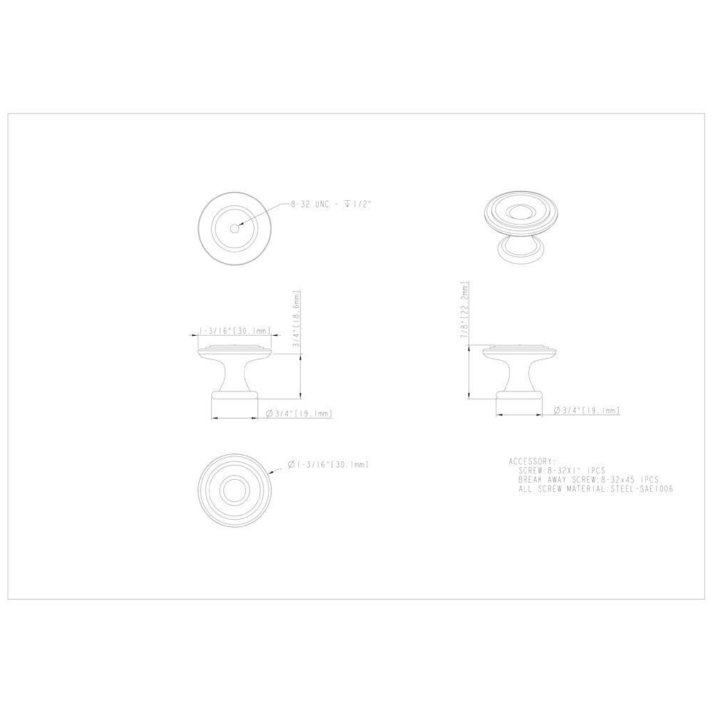 1-3/16" Diameter Satin Nickel Button Syracuse Cabinet Knob