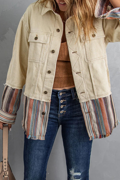 Beige Color Block Corduroy Jacket | Striped Button Up Design - Femstylo
