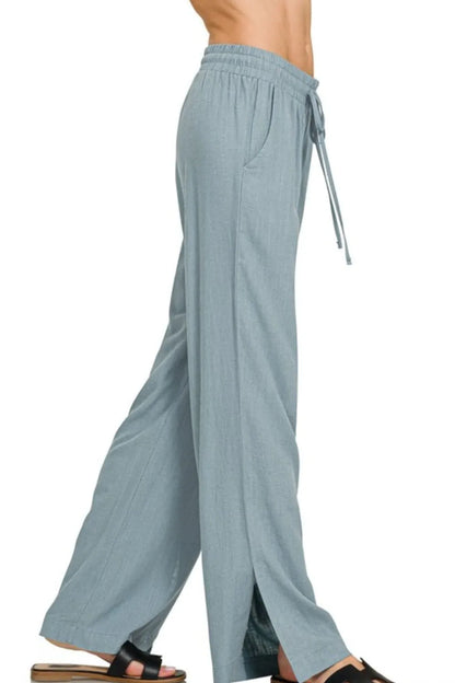 Zenana Linen Drawstring Pants in Blue Grey