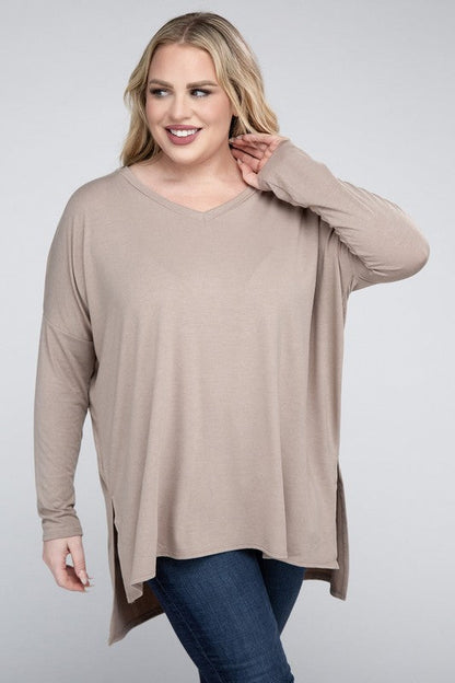 ZENANA Plus Dolman Sleeve V-Neck Side Slit Hi-Low Hem Top