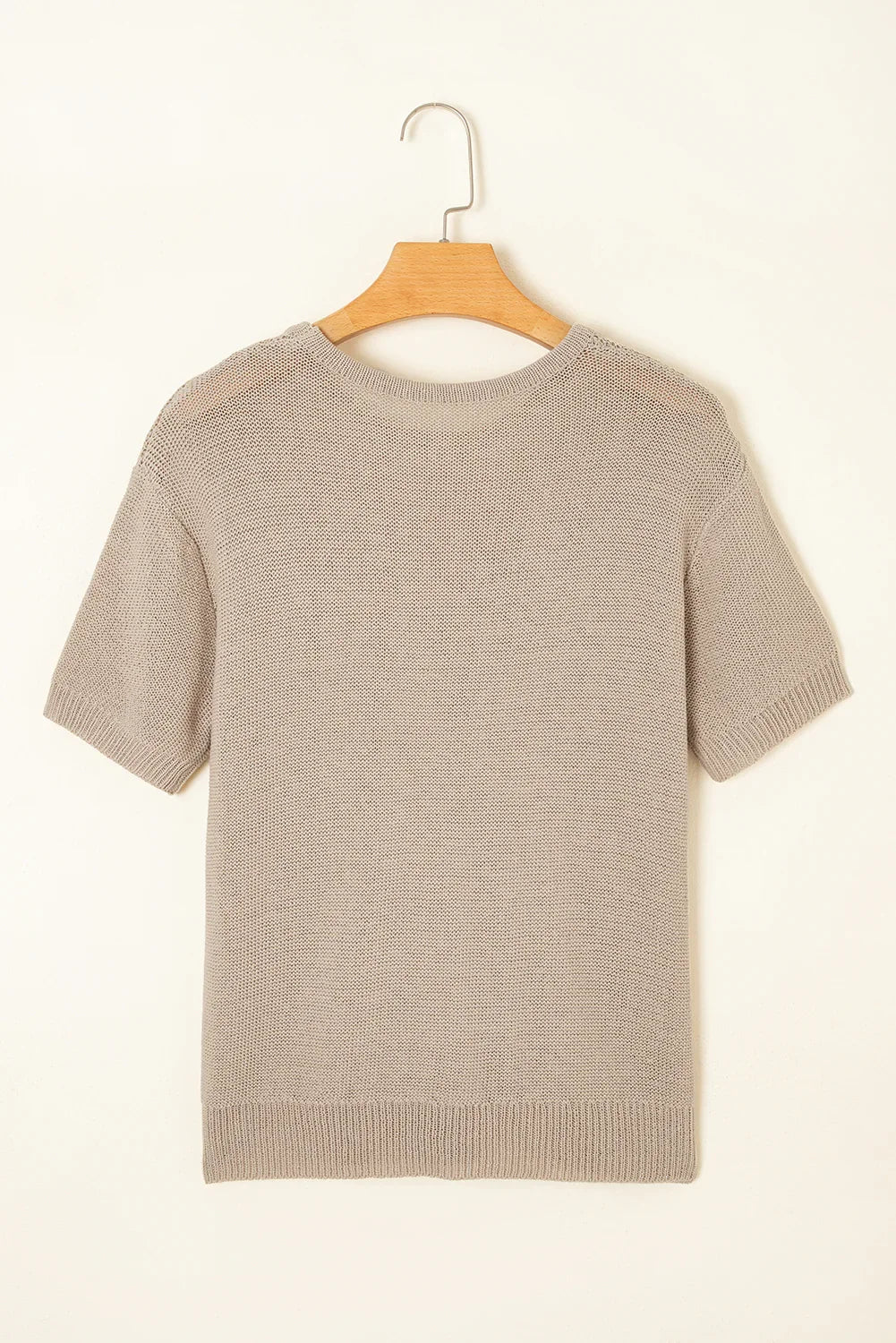 Beige Shiny Plain Short Sleeve Knit Top