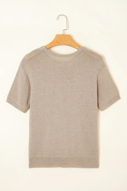 Beige Shiny Plain Short Sleeve Knit Top