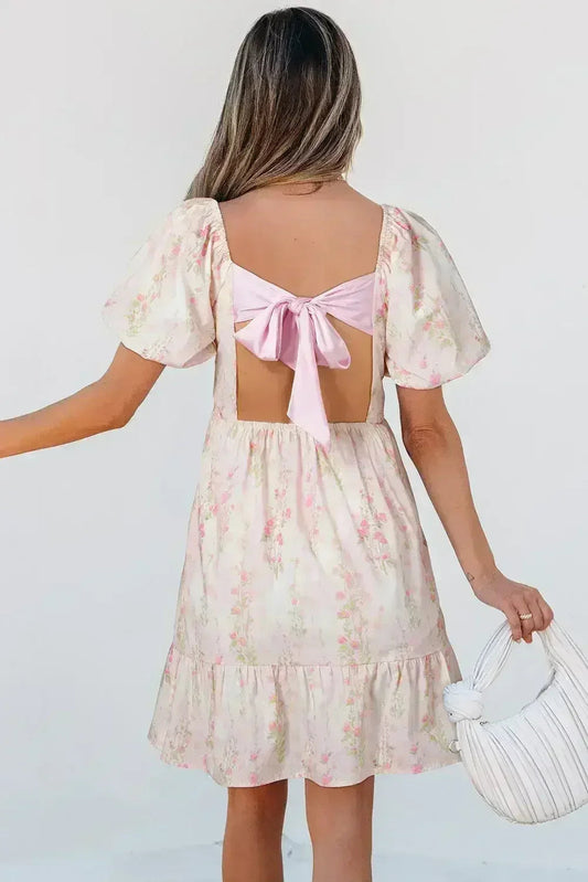 Pink Floral Puff Sleeve Square Neck Knotted Backless Ruffle Mini Dress