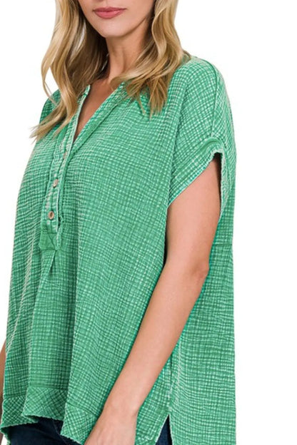 Zenana Washed Double Gauze 3/4 Button Henley Neck Shirt