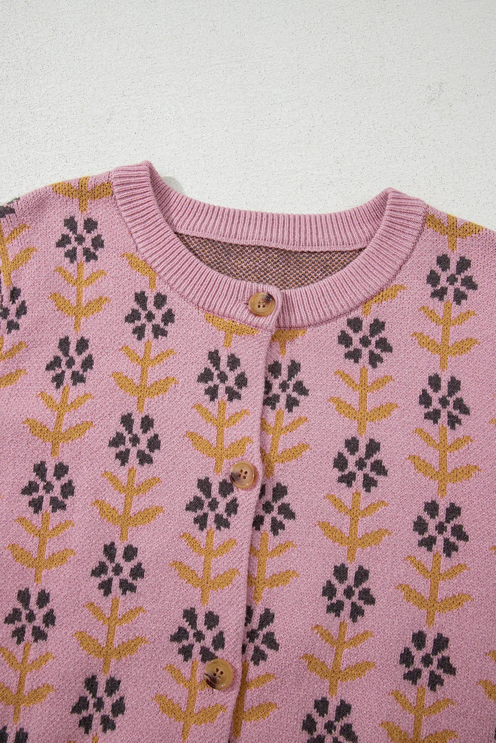 Pink Floral Button Down Ribbed Trim Knit Cardigan