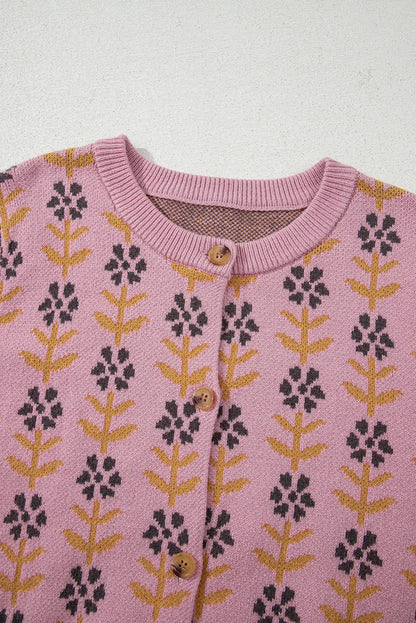 Pink Floral Button Down Ribbed Trim Knit Cardigan