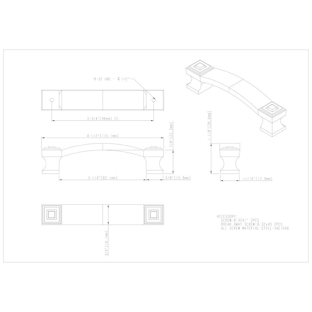 96 mm Center-to-Center Satin Nickel Square Delmar Cabinet Pull
