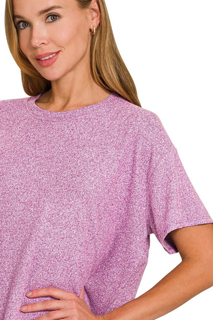 Zenana Soft Melange Short Sleeve Tee & Long Pants Set in Plum