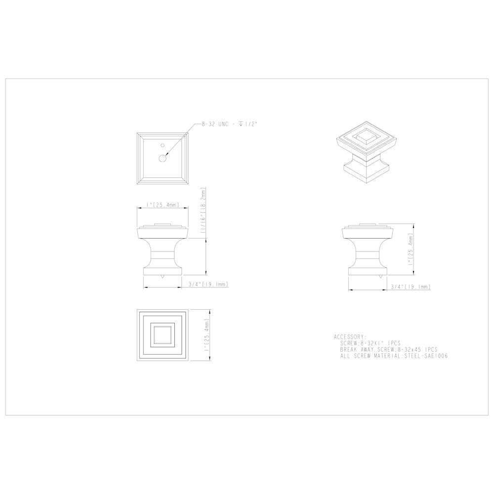 1" Overall Length Satin Nickel Square Delmar Cabinet Knob