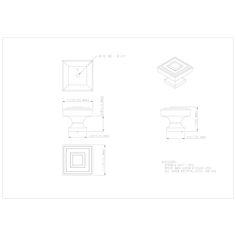 1" Overall Length Satin Nickel Square Delmar Cabinet Knob