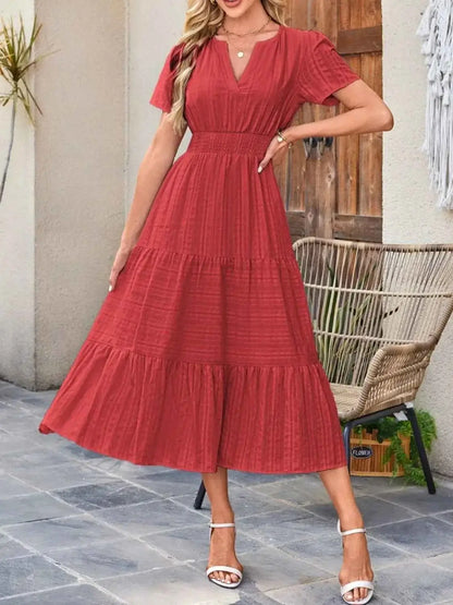 Tiered Notched Short Sleeve Dress