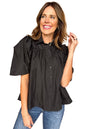 Black Solid Color Puff Sleeve Stylish Collared Shirt