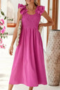 Rose Red Crinkled Ruffle Strap Smocked Midi Dress