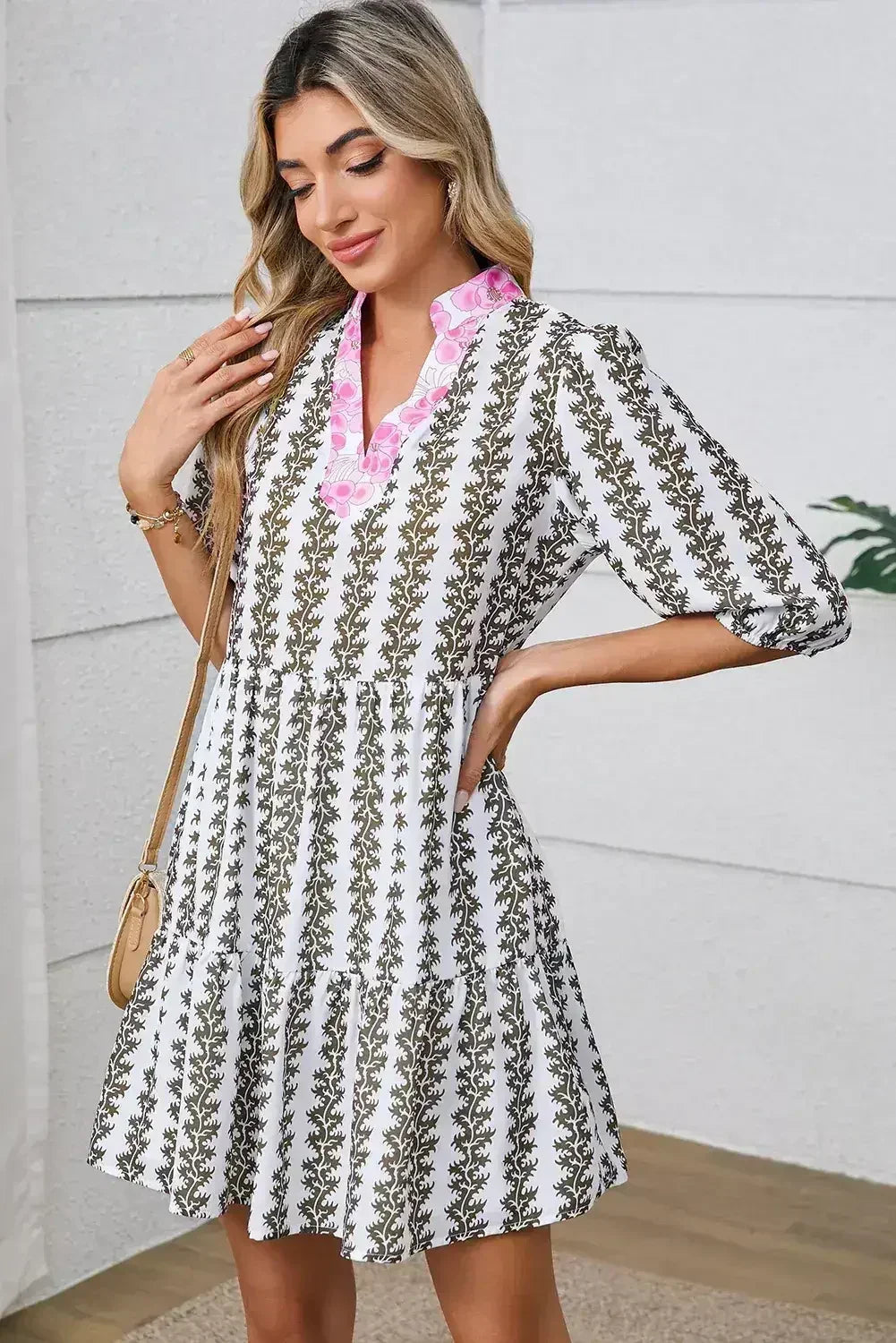 Black Floral Abstract Print Tiered Pop of Color Neckline Dress