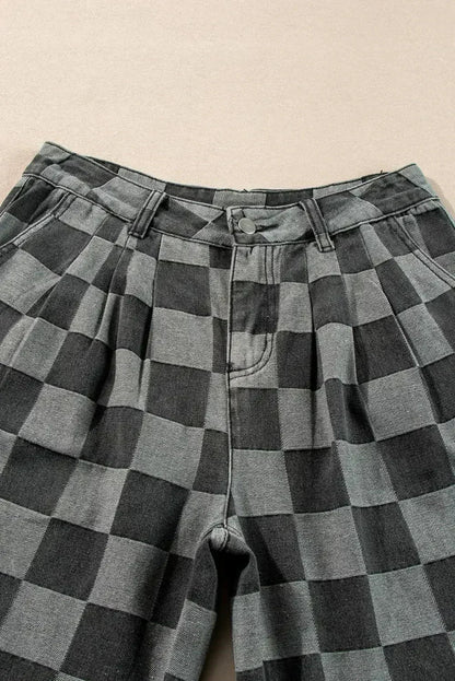 Dusk Blue Checkered Light Washed Wide Leg Jeans