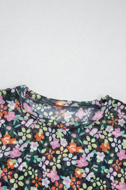 Black Sheer Mesh Floral Round Neck T Shirt with Camisole