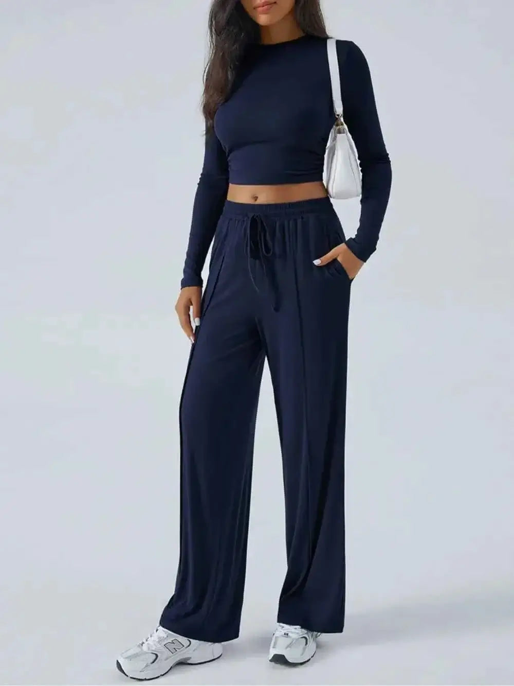 Round Neck Long Sleeve Crop Top and Pants Set