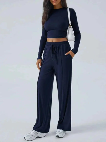 Round Neck Long Sleeve Crop Top and Pants Set