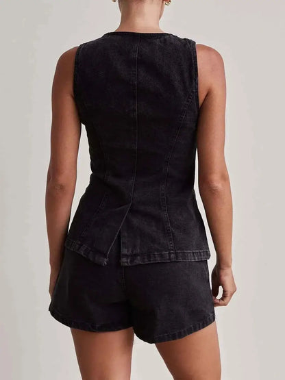 Button Down Vest and Shorts Denim Set