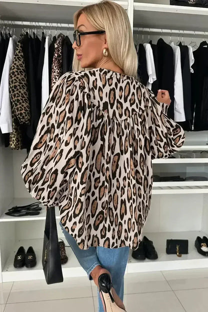 Light Leopard Print Balloon Sleeve Loose Blouse | Femstylo