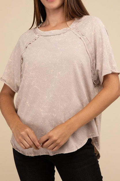 ZENANA Back Patch Crinkle Washed Raglan Sleeve T-Shirt