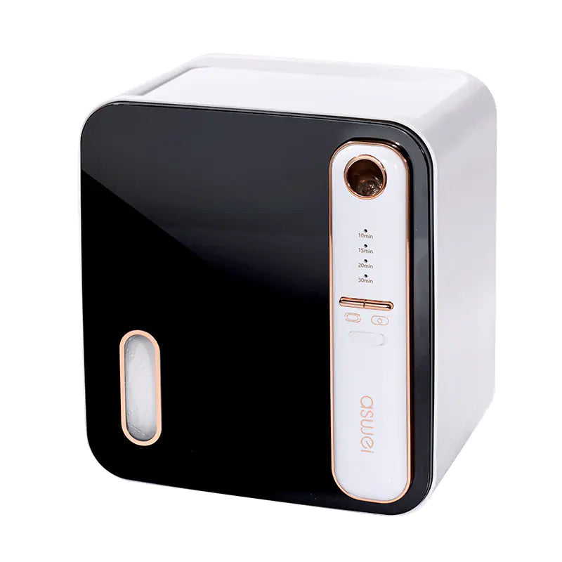 Black and white electronic device with rose gold accents on a white background