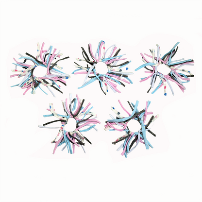 Five colorful hair scrunchies on a white background