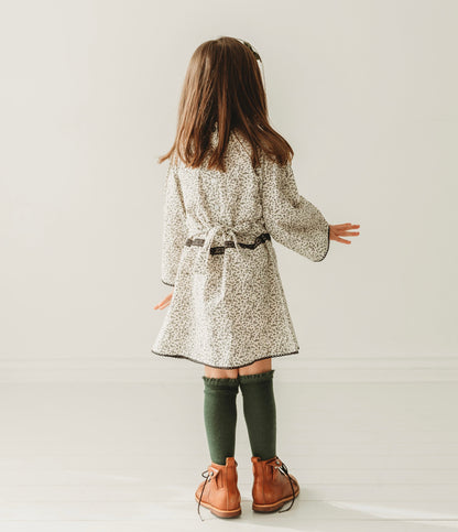 Lace Yoke Off-White & Grey Printed Dress