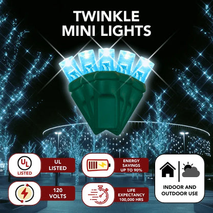 LED Mini Lights 5MM Aqua Twinkle Green Wire - 6" Spacing