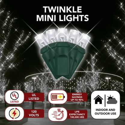 LED Mini Lights 5MM Cool White Twinkle Green Wire  6" Spacing