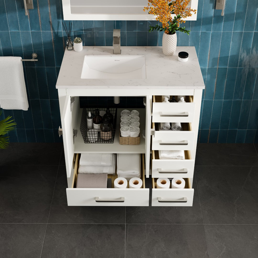Eviva London Bath Vanity with Carrara Quartz Top and Undermount Porcelain Sink (20"-60")