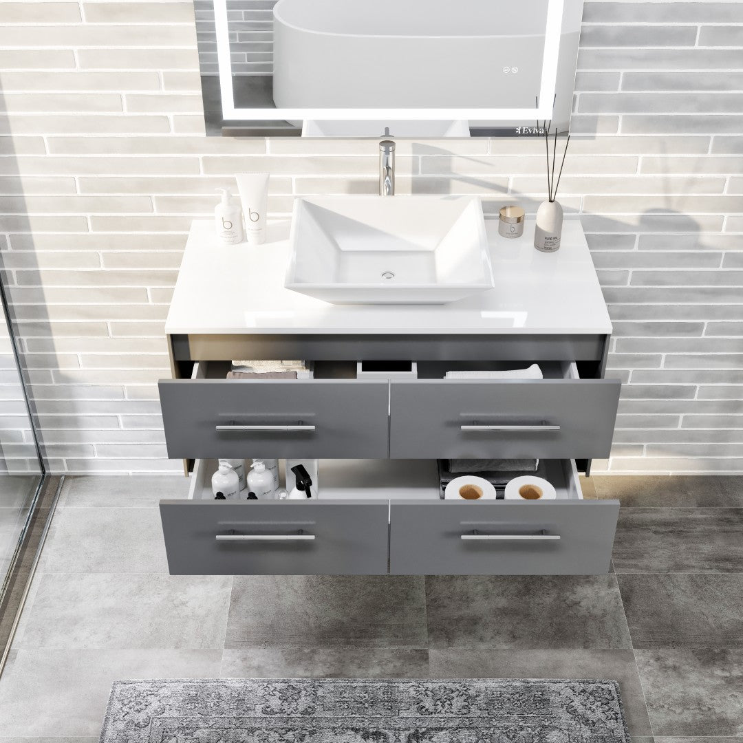 Eviva Wave Wall Mount Bath Vanity with White Quartz Top and Vessel Porcelain Sink (24"-72")