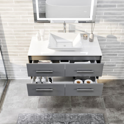 Eviva Wave Wall Mount Bath Vanity with White Quartz Top and Vessel Porcelain Sink (24"-72")