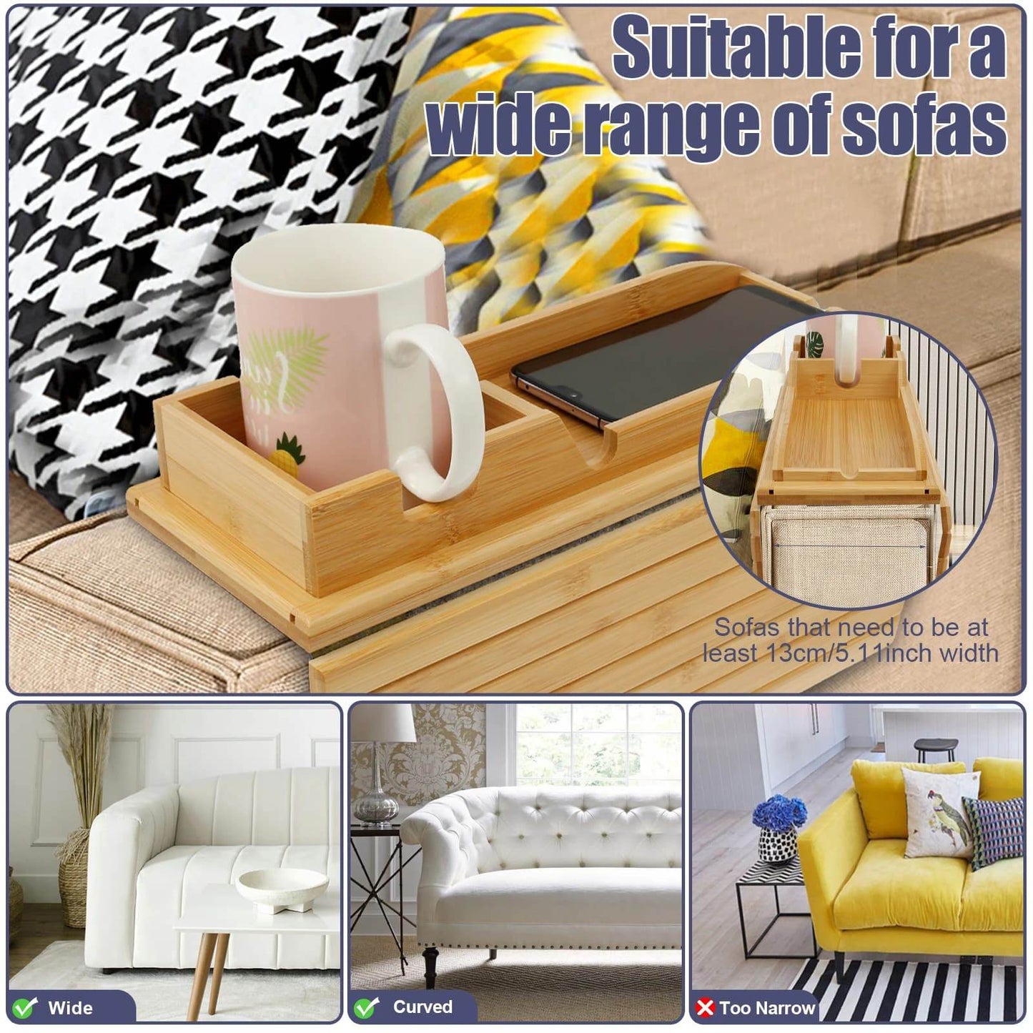 Foldable Wood Couch Cup Holder Tray for Sofa Armrest Drinks