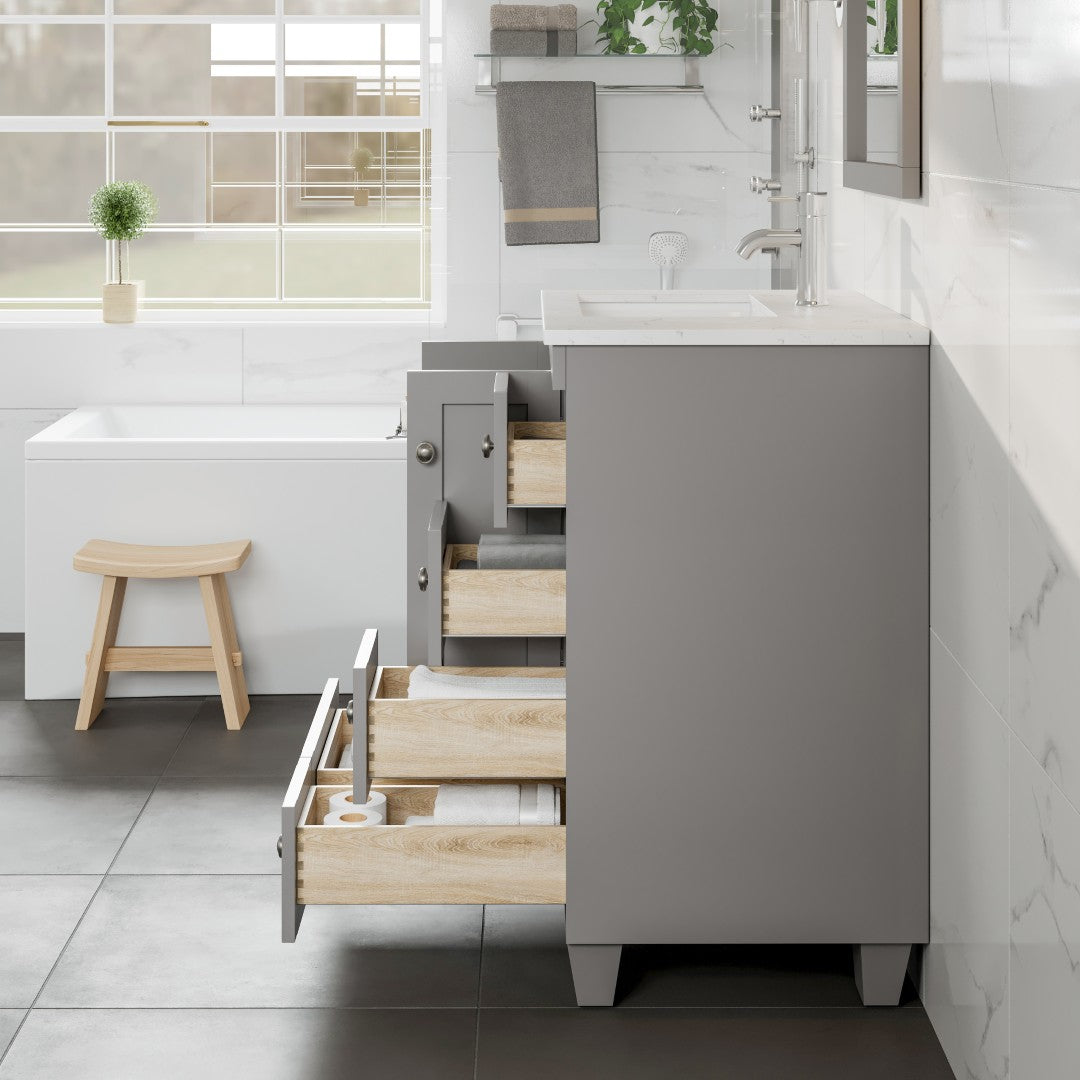 Eviva Happy Bath Vanity with Carrara Quartz Top and Undermount Porcelain Sink (24"-30")