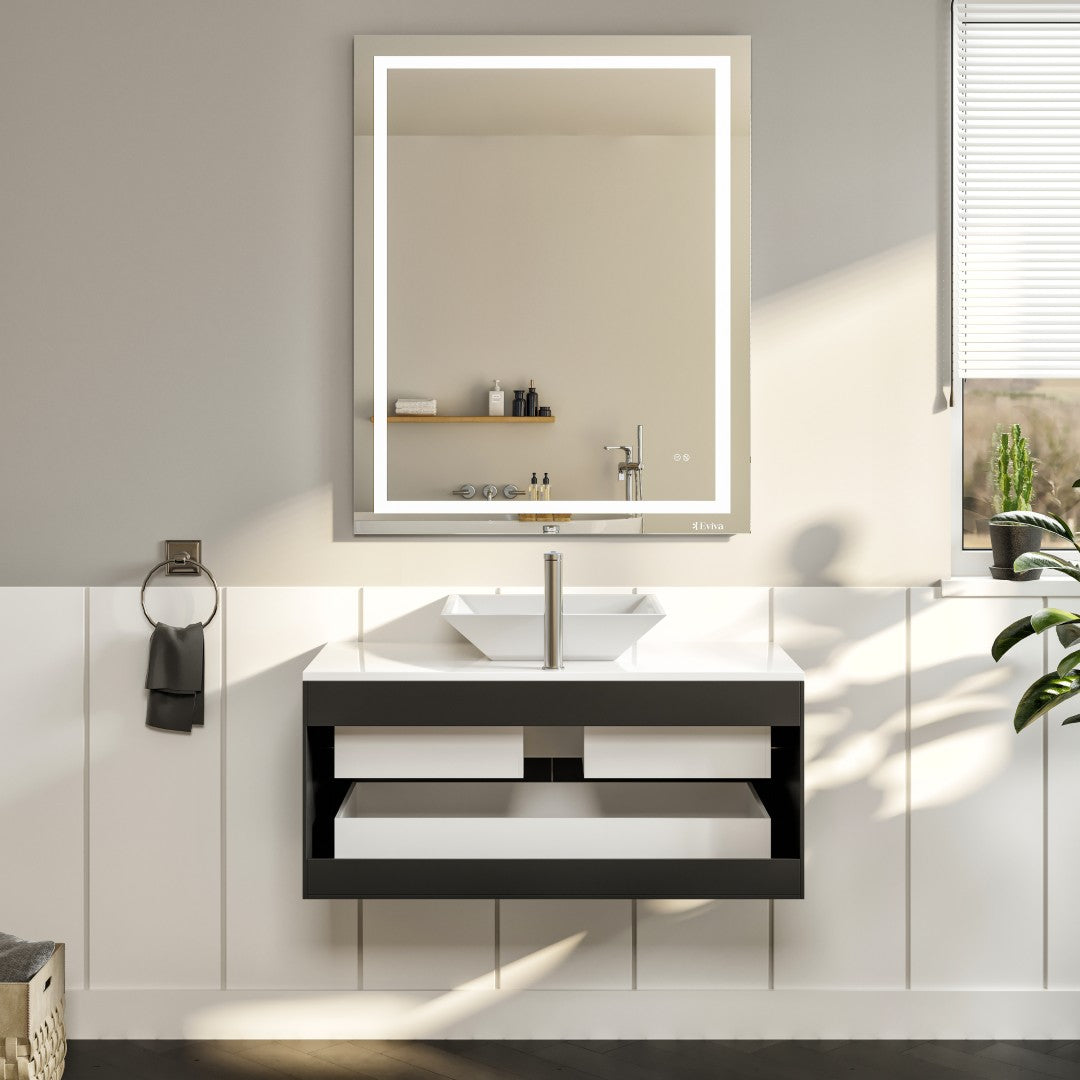 Eviva Wave Wall Mount Bath Vanity with White Quartz Top and Vessel Porcelain Sink (24"-72")