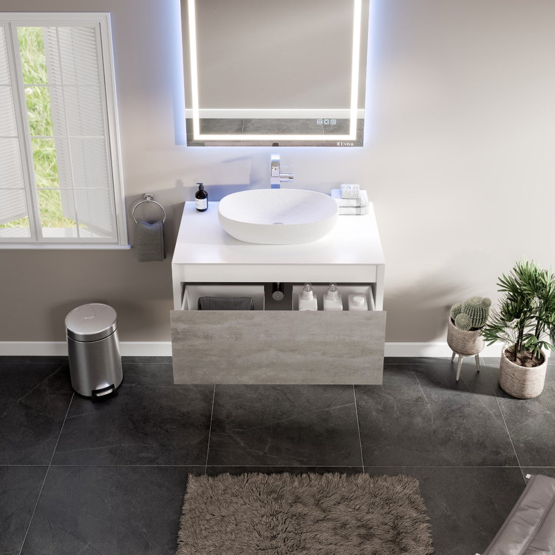 Eviva Santa Monica Wall Mount Bath Vanity with Acrylic Top and Vessel Solid Surface Sink (30"-36")