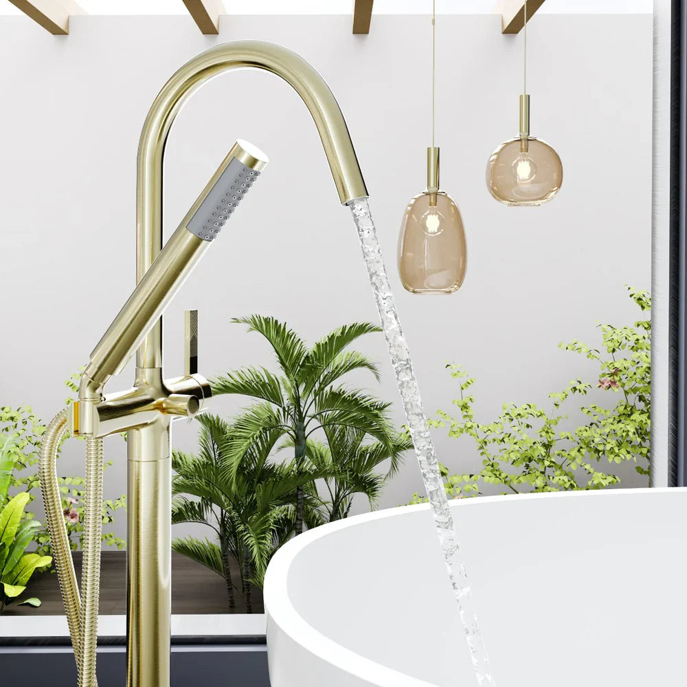 Eviva Modem Single-Handle Freestanding Tub Faucet with Hand Shower – Brushed   Gold
