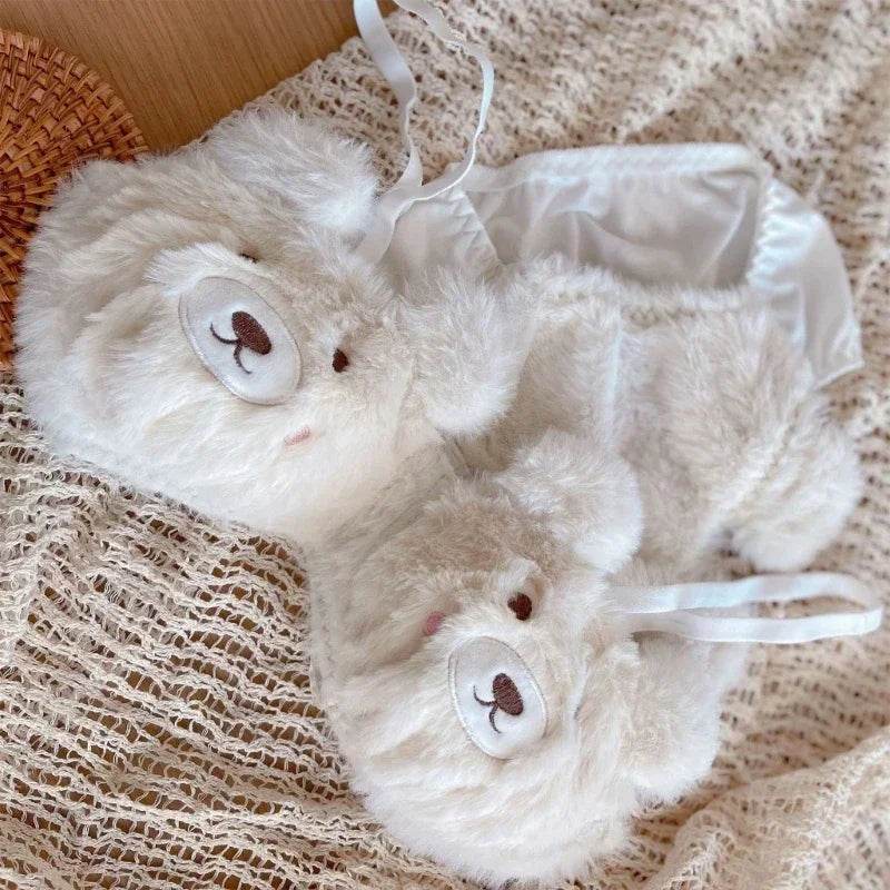 Women’s 2Pcs Furry Bra and Panty Set – Bear Pattern Fuzzy Plush Wireless Lingerie