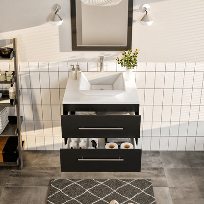 Eviva Wave Wall Mount Bath Vanity with White Quartz Top and Vessel Porcelain Sink (24"-72")