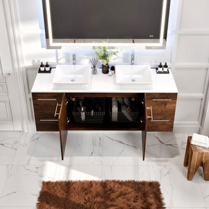 Eviva Luxurious Wall Mount Bath Vanity with White Quartz Top and Vessel Porcelain Sinks