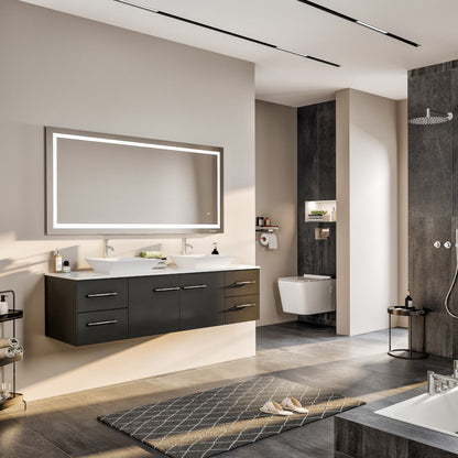 Eviva Wave Wall Mount Bath Vanity with White Quartz Top and Vessel Porcelain Sink (24"-72")