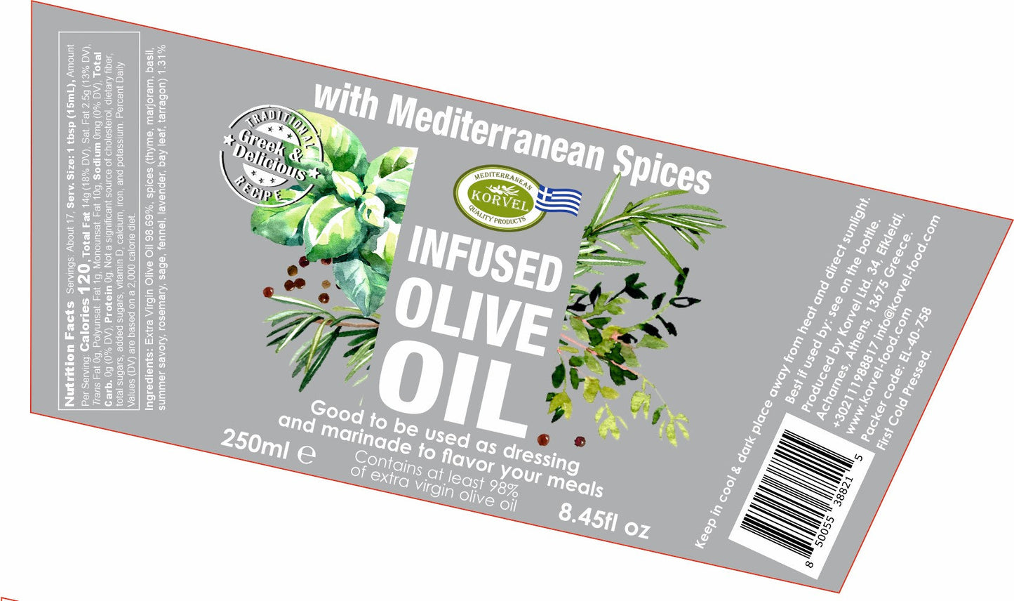 KORVEL Greek Extra Virgin Olive Oil with Mediterranean herbs, Amphora 8.45 fl oz (250ml) - 2 pack